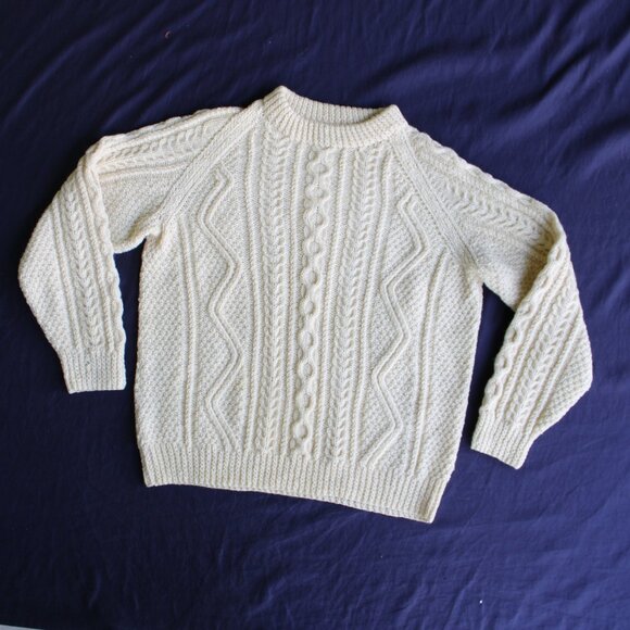 Vintage handmade wool fisherman cable weave crew neck sweater westerly cream L - Picture 2 of 10